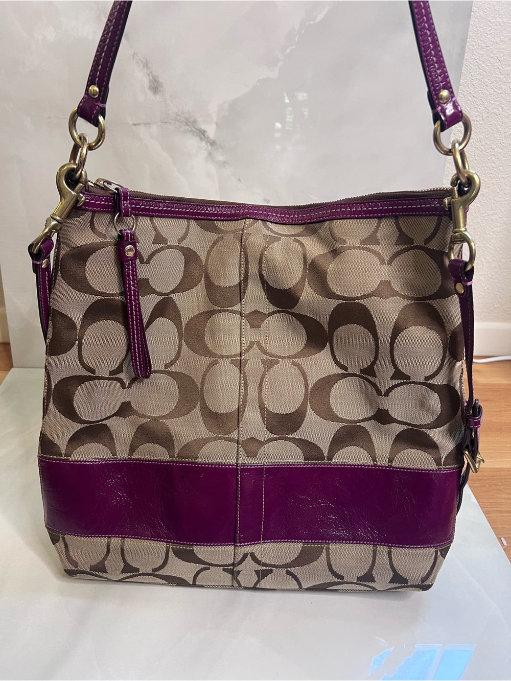 Coach Signature Stripe Convertible Shoulder Bag khaki brown signature